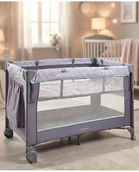 Babyhug Wonderland 2 in 1 Foldable Playpen Cum Travel Baby Cot with Mosquito Net - Grey