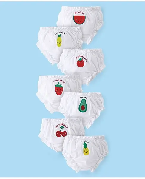 Babyhug 100% Cotton Knit Bloomer Fruits & Days of the Week Print Pack of 7 - White