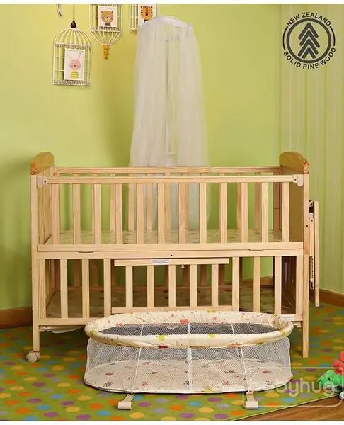 Babyhug Kelly Wooden Cot With Detachable Bassinet & Mosquito Net - Natural