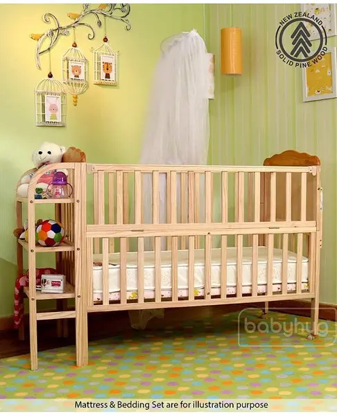 Babyhug Lily Wooden Cot With Detachable Bassinet & Side Shelf - Light Brown
