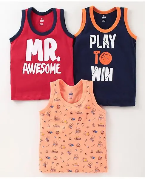 Teddy Sinker Cotton Sleeveless Sets Of Vests Teddy Print Pack Of 3 - Red Orange & Navy Blue