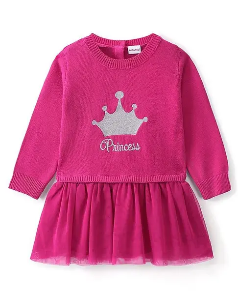 Babyhug Knitted Full Sleeves Woolen Dress with Crown Design - Pink
