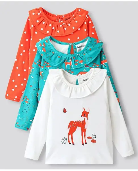 Bonfino Interlock 100% Cotton Knit Top With Dear & Polka Dots Print Pack Of 3 - Orange Green & White