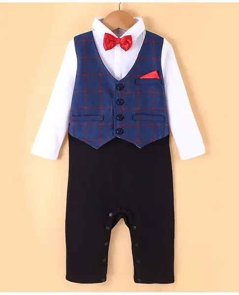 Mark & Mia Full Sleeves Party Romper With Checkered Waist Coat and Bow Detailing - Blue Black & White