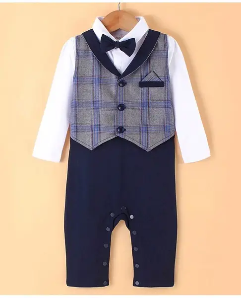 Mark & Mia Full Sleeves Party Romper With Yarn Dyded Checks Waist Coat and Bow - Blue