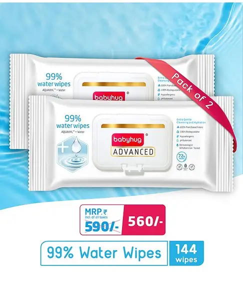Babyhug Advanced 99% Pure Water Unscented Baby Wipes Pack of 2 - 72 Pieces Each
