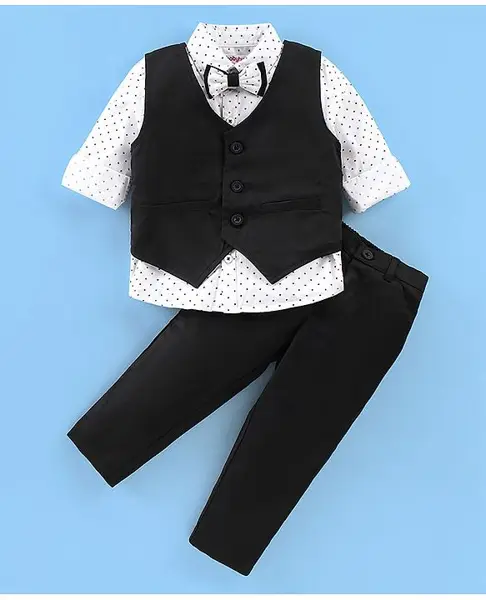 Babyhug Cotton  Woven Blend Full Sleeves Polka Dot Print  Party Suit- White & Black