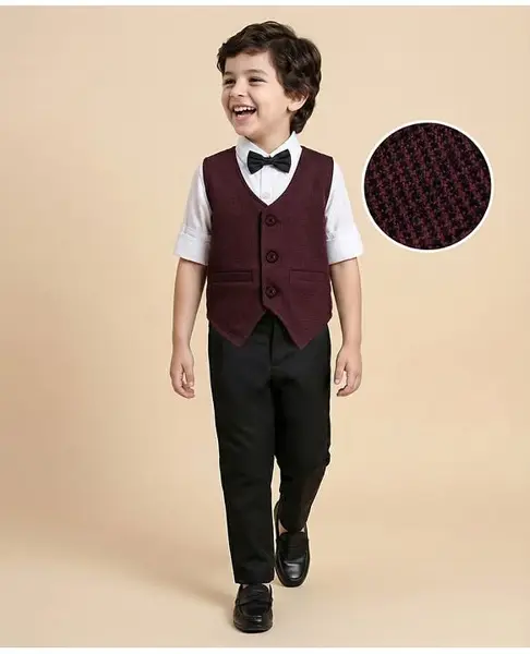 Mark & Mia Full Sleeves Party Suit With Waistcoat & Bow Solid- Maroon & Black