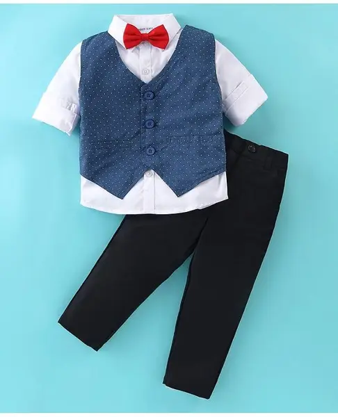 Mark & Mia Full Sleeves 3 Piece Party Suit with Bow & Polka Dot Printed Waistcoat - Blue