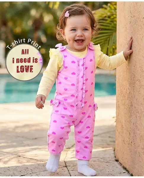 Babyoye Eco Conscious 100% Cotton Heart Printed Dungaree with Full Sleeves Inner Tee - Lilac & Cream