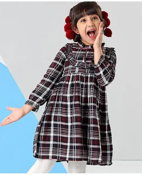 Kookie Kids Yarn Dyed Checks Full Sleeves Winter Wear Frock With Frill Detailing - Multicolour
