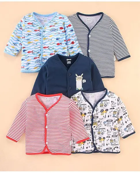 Ohms Single Jersey Full Sleeves Set Of Vests Striped & Sea Life Print Pack Of 5 - Blue Red & White