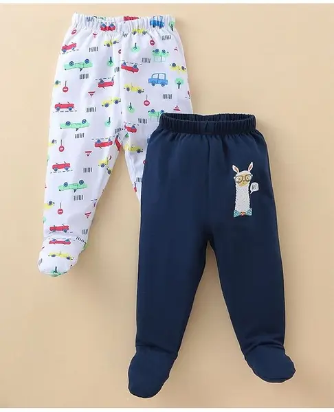 OHMS Single Jersey  Bootie Leggings Cars Print Pack of 2 - White & Blue
