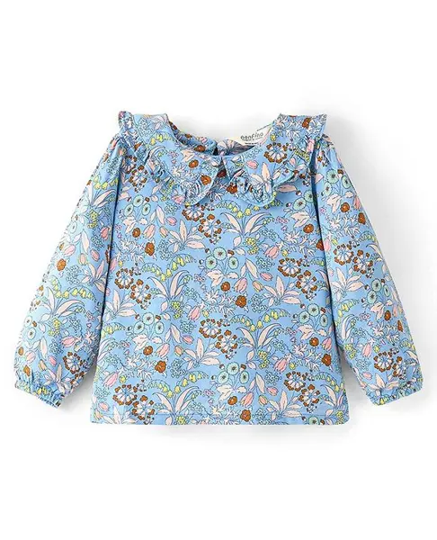Bonfino 100% Viscose Full Sleeves Top with Floral Print - Blue