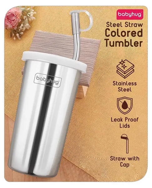 Babyhug Steel Straw Tumbler With Straw Cleaning Brush Silver - 450 ml