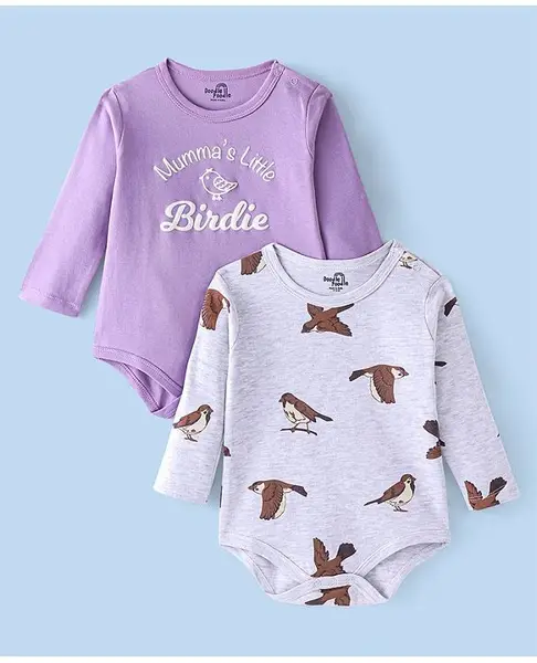 Doodle Poodle 100% Cotton Full Sleeves Bird & Text Printed Onesies Pack of 2 -Purple & Grey