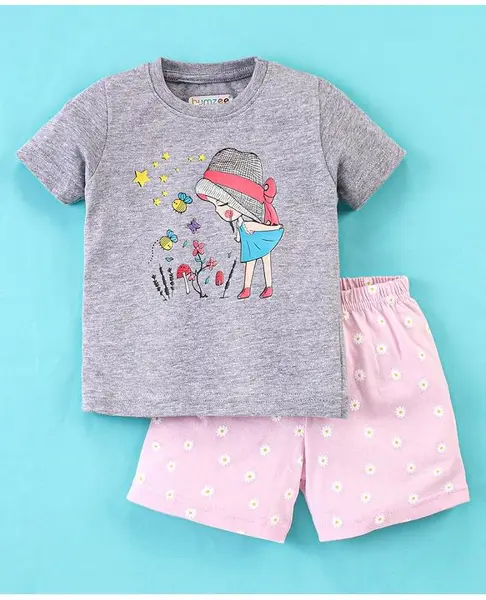 BUMZEE Half Sleeves Girl & Floral Printed Tee With Shorts - Grey & Pink
