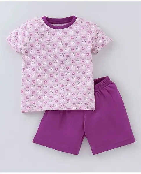 BUMZEE Half Sleeves Leaves Printed Tee & Short Set - Baby Pink