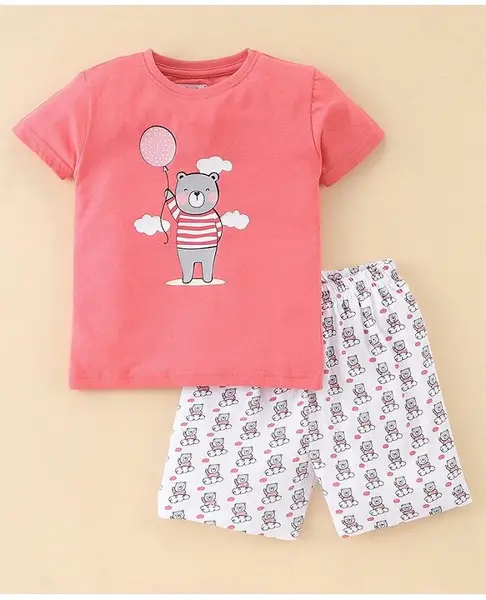BUMZEE Half Sleeves Bear Printed Tee With Shorts - Coral & White