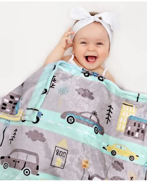 Babyhug Single Ply Mink Blanket City Print - Grey