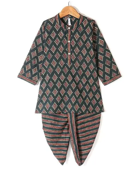 Babyhug 100% Cambric Full Sleeve Printed Kurta With Dhoti Set - Green