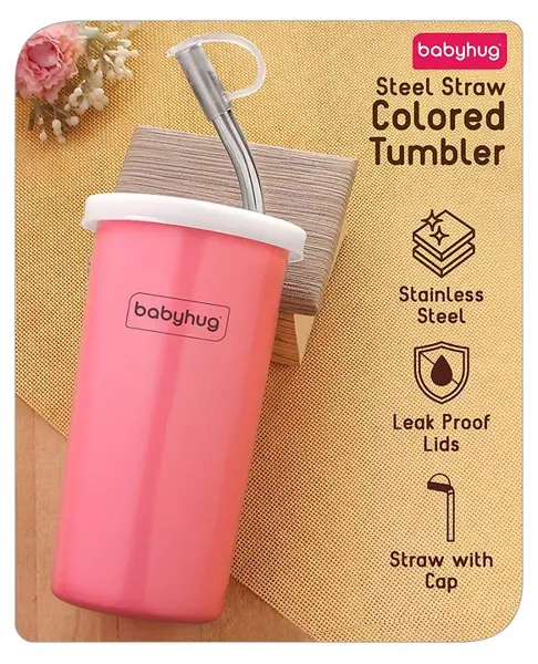 Babyhug Steel Straw Colored Tumbler Pink - 450 ml