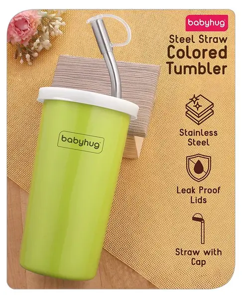 Babyhug Steel Straw Colored Tumbler Green - 450 ml