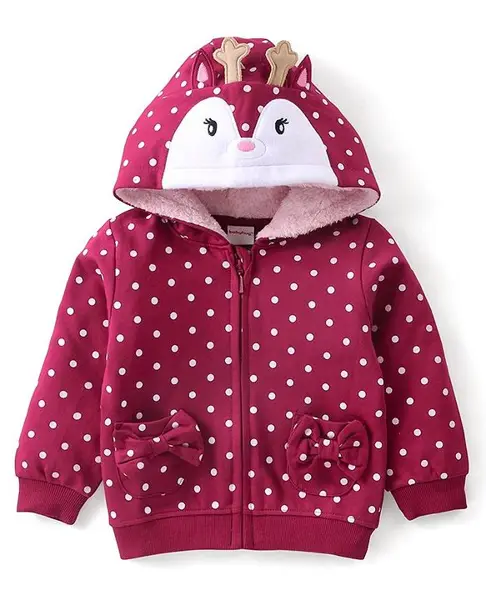 Babyhug Cotton Knit  Full Sleeves Polka Dots Printed with 3D Applique Detailing Hooded Sweat Jacket with Zipper - Maroon
