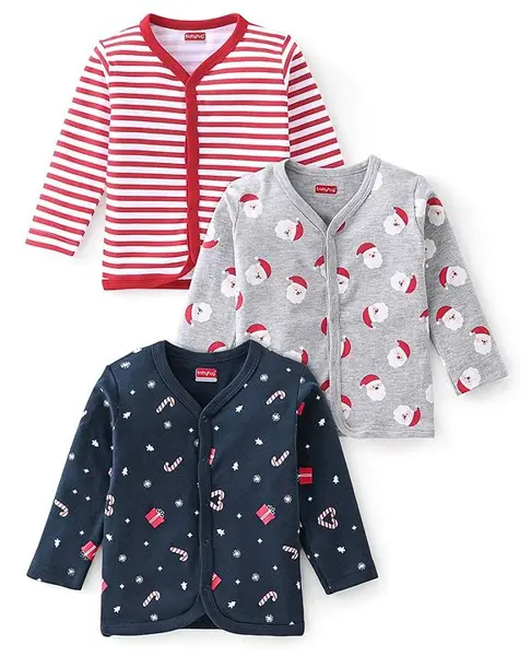 Babyhug 100% Cotton Full Sleeves Vests Striped & Christmas Theme Print Pack Of 3 - Grey Red & Blue