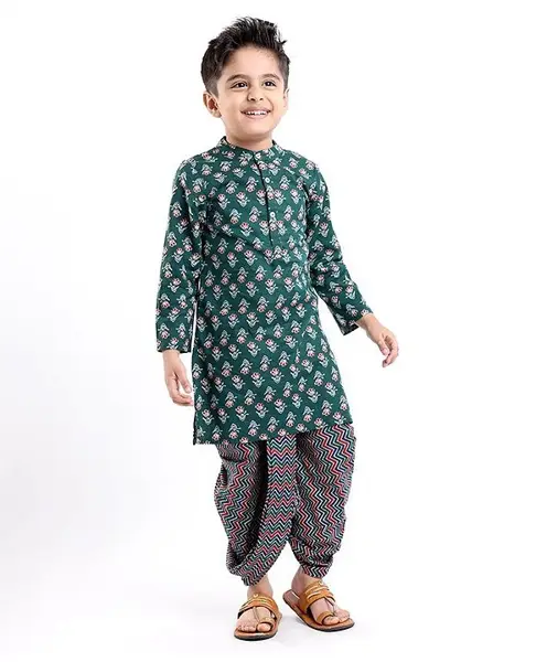 Babyhug Cotton Woven Full Sleeves Floral Printed Kurta with Dhoti Set - Green