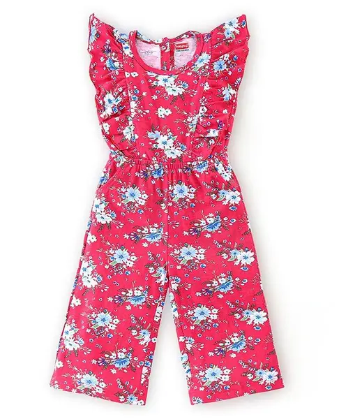 Babyhug 100% Cotton Knit Half Sleeves Jumpsuit with Floral Print - Red