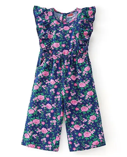 Babyhug Cotton Knit Frill Sleeves Jumpsuit with Floral Print - Navy Blue
