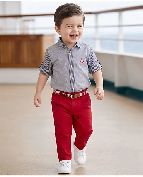 ToffyHouse Full Sleeves Shirt & Trouser With Belt Stripes & Anchor Embroidery - Grey & Red