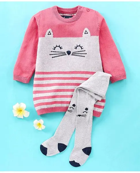 ToffyHouse Cotton Full Sleeves Winter Wear Top & Tights Set with Kitty Design - Pink & White