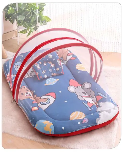 Babyhug Cotton Bedding Set with Mosquito Net Animal Astronaut Print - Navy Blue