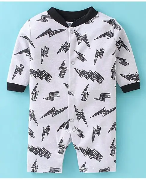 Kidi Wav Full Sleeves Thunder Bolt Printed Romper - Grey & Black