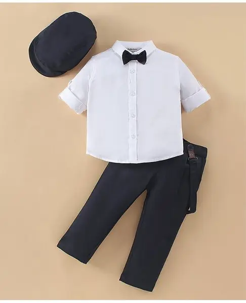 ToffyHouse Cotton Full Sleeves Solid Colour Shirt & Trouser Set with Bow & Cap - Blue