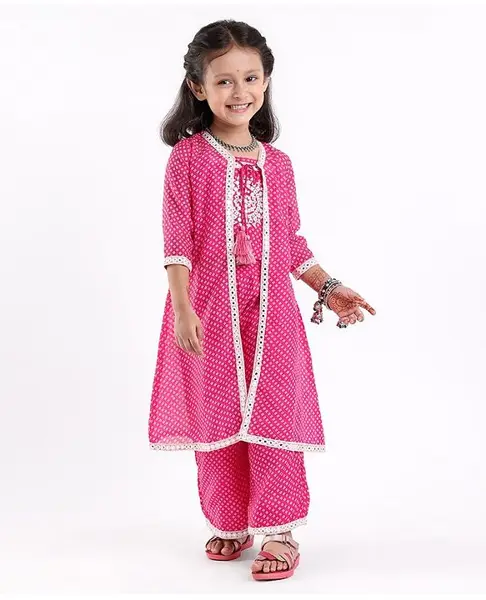 Babyhug Half Sleeves Embroidered Jacket with Bandhani Printed Top and Palazzo Set - Fuchsia