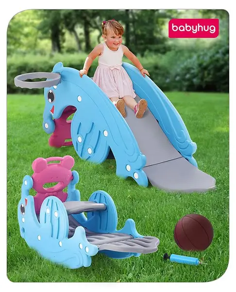 Babyhug 3 in 1 Slider and See-Saw and Basketball Ring with A Hard Plastic Ball (Colour May Vary)