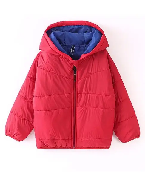 Little Kangaroos Full Sleeves Padded & Hooded Solid Winter Pocketable Jacket - Dark Red