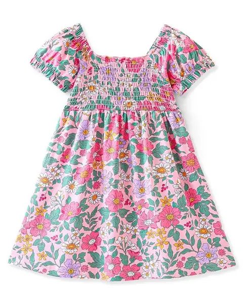 Babyhug 100% Cotton Knit Half Sleeves Frock Floral Print- Peach