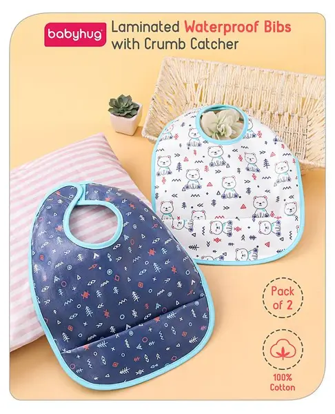 Babyhug 100% Cotton  TPU Lamination Waterproof Bibs with Crumb Catcher Teddy Print Pack of 2 (Print & Color May Vary)