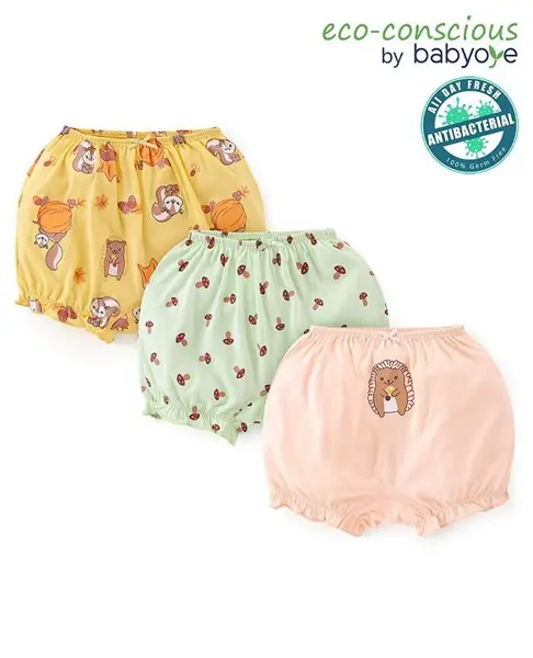 Babyoye Eco Conscious Cotton Bloomers Animal Print Pack of 3 - Yellow Blue and Pink