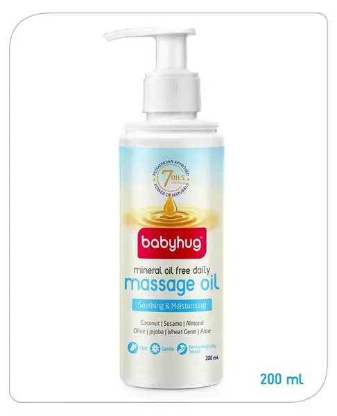 Babyhug Mineral Oil Free Daily Massage Oil with Goodness of 7 Oils (Olive  Coconut  Sesame  Almond  Wheat Germ  Jojoba & Aloe Vera) - 200 ml