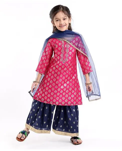 Babyhug 100% Cotton Three Forth Sleeve Kurti Sharara And Dupatta With Bandhani Print- Pink & Navy Blue