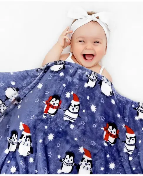 Babyhug Premium Penguin Print Coral Blanket- Navy Blue