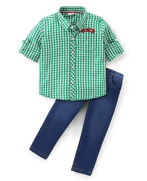 Babyhug Full Sleeves Checekered Shirt and Denim Jeans With Text Applique - Green & Blue