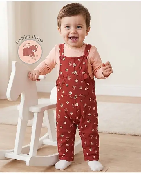 Baboye 100% Cotton Full Sleeves with Eco Jiva Finish T-Shirt With Dungaree Bear Print - Multicolor