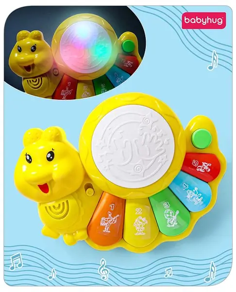 Babyhug Learn N Play Caterpillar Piano with Flash Drum Animal Sounds Songs Volume Control Early Educational Learning Toy - Multicolor