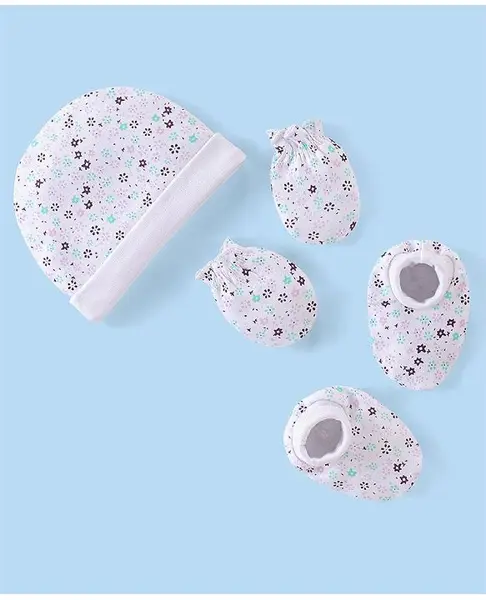 Babyhug 100% Cotton Knit Cap Mittens & Booties Floral Print - White